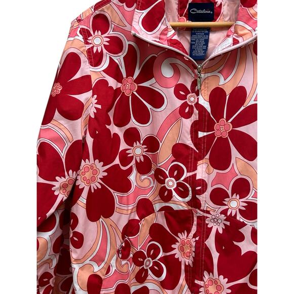 Vintage Catalina Groovy Flower Windbreaker Jacket Pink Red Large Retro - Picture 5 of 8
